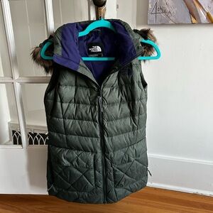 The North Face Hooded Olive Green Puffer Vest with Fur Trim